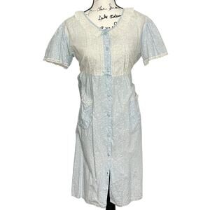 Vintage 60s Night Dress Lace Button Down MuMu House Dress Blue Coquette Cottage